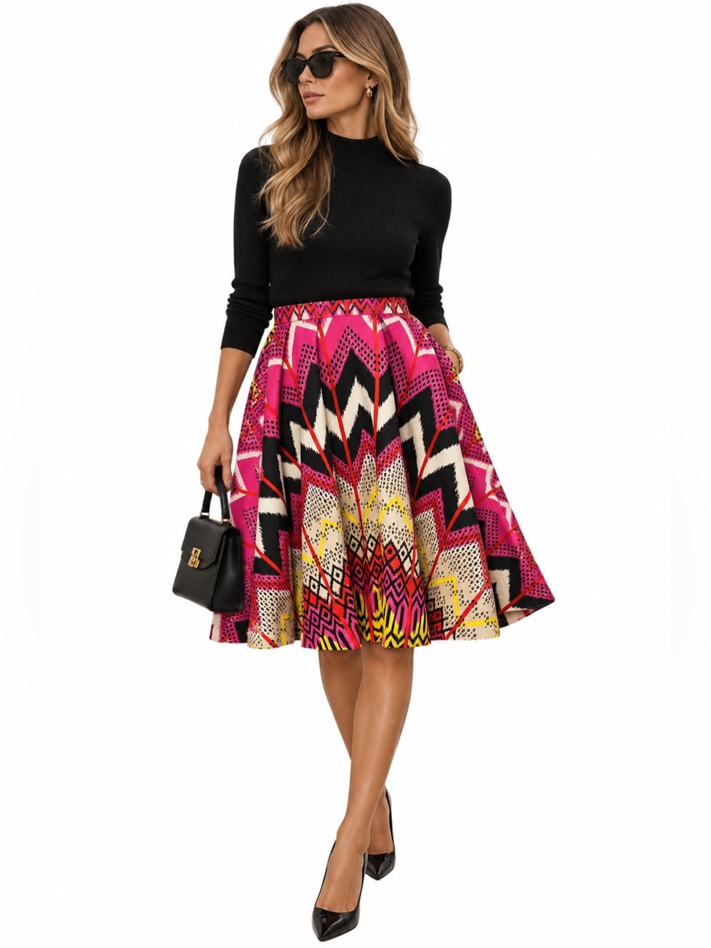 Carven Paris Abstract Print Fit & Flare Skirt FR 40 US 8 Pink Geometric Designer